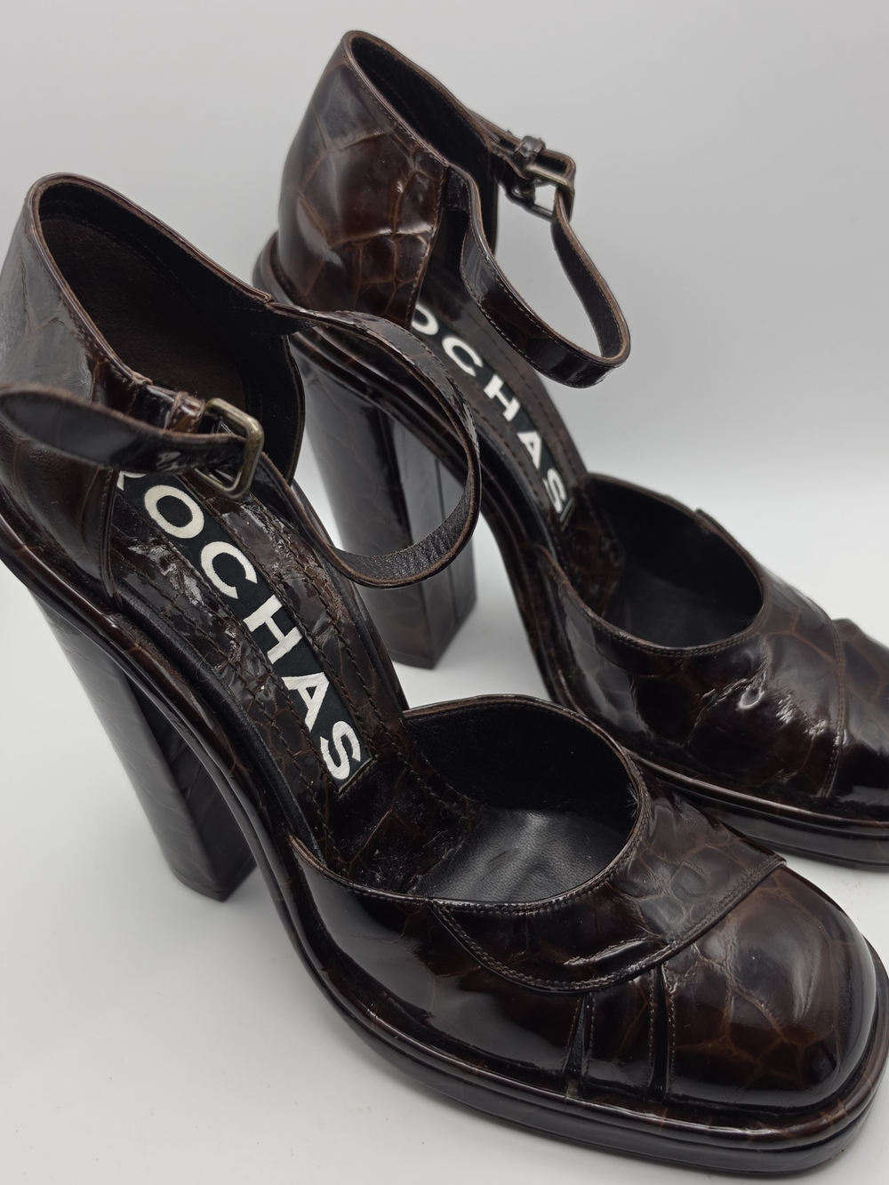 Rochas Dark Brown Croc-Embossed Leather Ankle Strap Heels